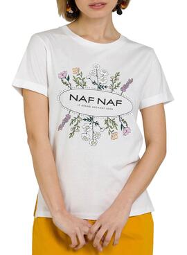 T-Shirt Naf Naf Flores Bianco per Donna