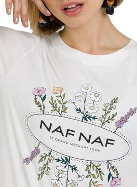 T-Shirt Naf Naf Flores Bianco per Donna
