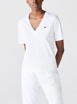 T-Shirt Lacoste Scollo a V Bianco per Donna