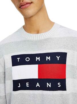 Pullover Tommy Jeans Flag Sweater Grigio per Uomo