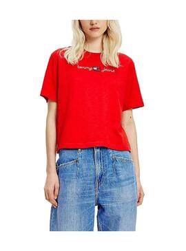 T-Shirt Tommy Jeans Boxy Crop Rosso per Donna