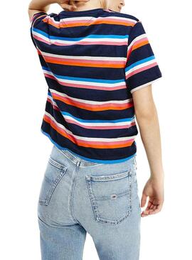 T-Shirt Tommy Jeans Boxy Crop Stripe Blu Navy Donna