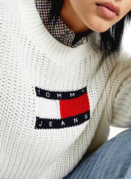 Pullover Tommy Jeans Center Flag Bianco per Donna