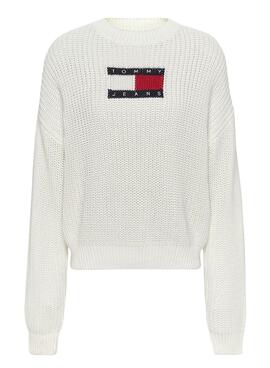 Pullover Tommy Jeans Center Flag Bianco per Donna