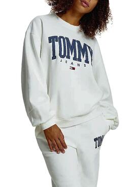 Felpa Tommy Jeans Collegiate Bianco per Donna