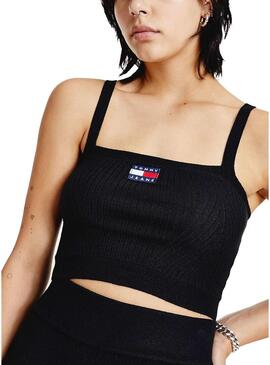 Top Tommy Jeans Crop Badge Rib Nero per Donna