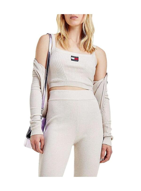 Top Tommy Jeans Crop Badge Rib Beige per Donna