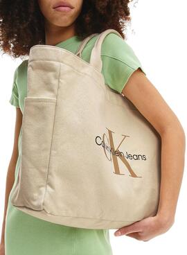Borsa Shopper Calvin Klein Logo Beige per Bambina