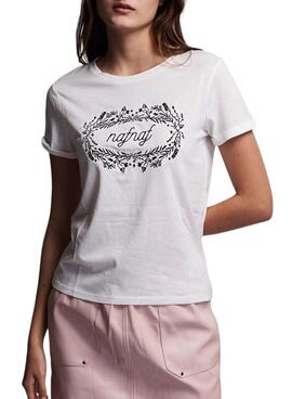 T-Shirt Naf Naf Logo Flores Bianco per Donna