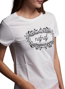 T-Shirt Naf Naf Logo Flores Bianco per Donna