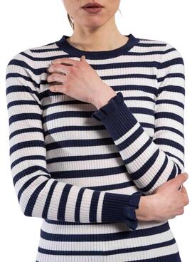 Pullover Naf Naf Strisce Bianco e Blu Navy per Donna