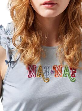 T-Shirt Naf Naf Sent Ruffles Blu per Donna