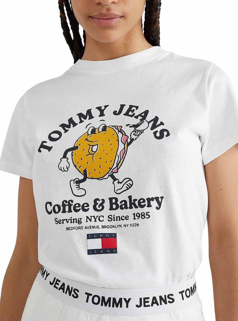 T-Shirt Tommy Jeans Baby Bagel Bianco per Donna