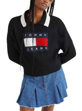Pullover Tommy Jeans Collo Bavero per Donna Nero