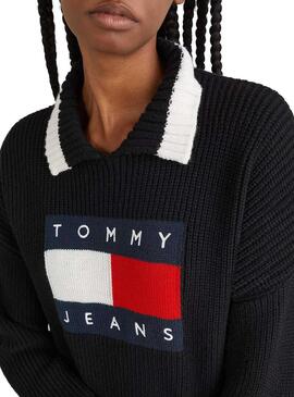 Pullover Tommy Jeans Collo Bavero per Donna Nero