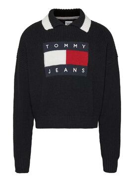 Pullover Tommy Jeans Collo Bavero per Donna Nero