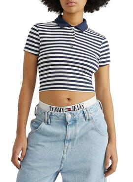 Polo Tommy Jeans Crop Stripe Blu Navy per Donna