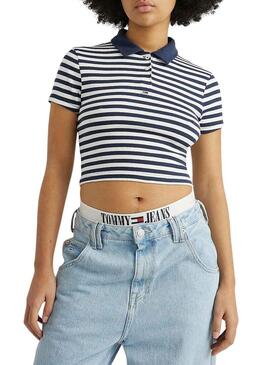 Polo Tommy Jeans Crop Stripe Blu Navy per Donna