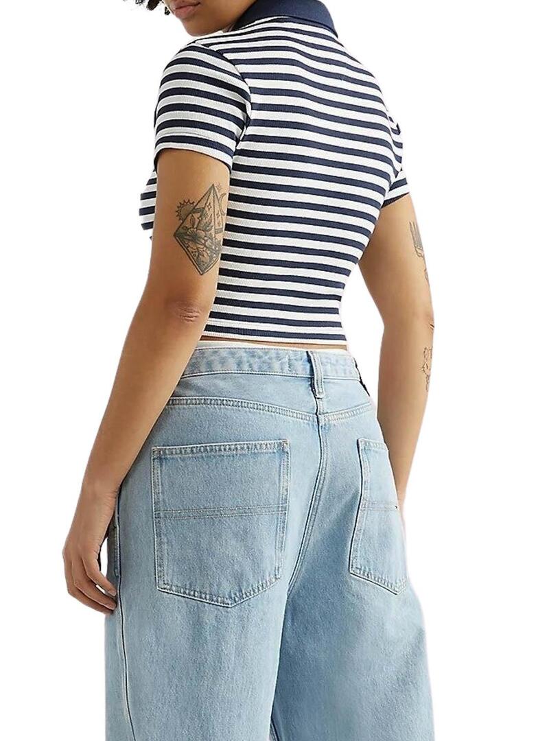 Polo Tommy Jeans Crop Stripe Blu Navy per Donna