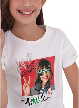 T-Shirt Mayoral Chica Sorriso Bianco per Bambina