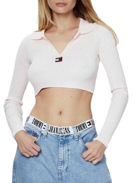 Pullover Tommy Jeans Badge Bianco per Donna