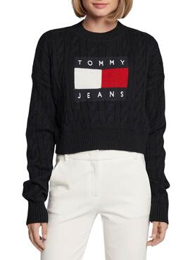 Pullover Tommy Jeans Center Flag Nero per Donna