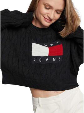 Pullover Tommy Jeans Center Flag Nero per Donna