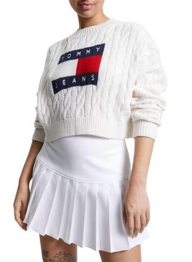 Pullover Tommy Jeans Boxy Center Flag Bianco Donna
