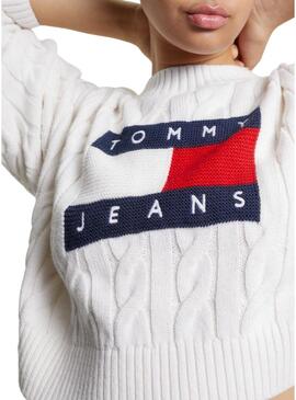 Pullover Tommy Jeans Boxy Center Flag Bianco Donna