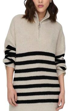 Pullover Only Alfrida Zip Highneck Strisce Beige Donna