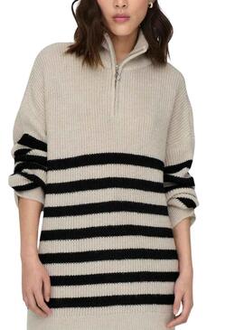 Pullover Only Alfrida Zip Highneck Strisce Beige Donna