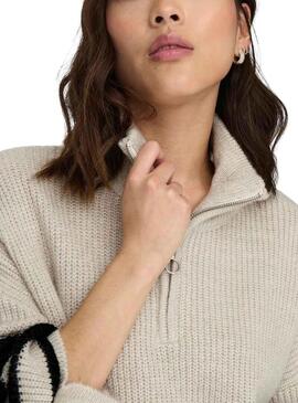 Pullover Only Alfrida Zip Highneck Strisce Beige Donna