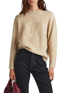Pullover Pepe Jeans Eloise Logo Beige per Donna