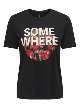 T-Shirt Only Betty Testo Flores Nero per Donna