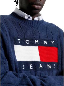 Pullover Tommy Jeans Flag Cavo Blu Navy Uomo