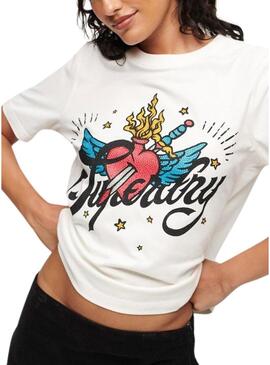 T-Shirt Superdry Tattoo Script Bianco Donna