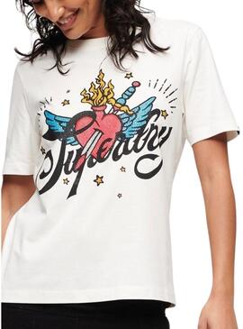 T-Shirt Superdry Tattoo Script Bianco Donna