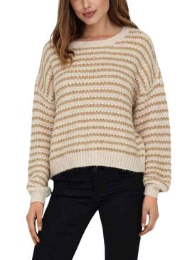 Pullover Only Lann Strisce Beige per Donna