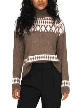 Pullover Only Mathilda Jacquard Marrone per Donna