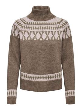 Pullover Only Mathilda Jacquard Marrone per Donna