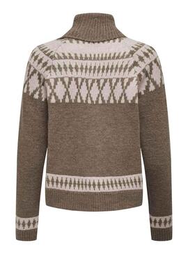 Pullover Only Mathilda Jacquard Marrone per Donna