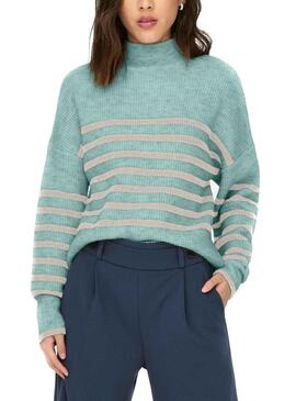 Pullover Only Fridi Blu Lista Beige per Donna