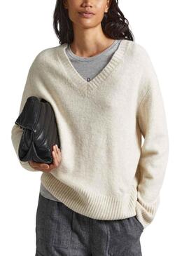 Pullover Pepe Jeans Denisse Scollo a V Beige Donna