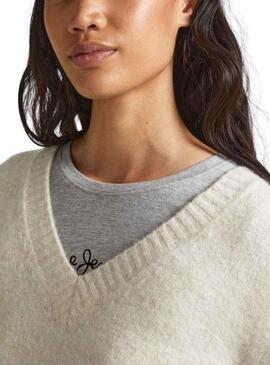 Pullover Pepe Jeans Denisse Scollo a V Beige Donna