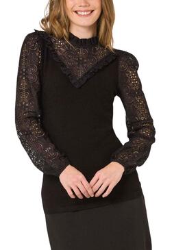 T-Shirt Naf Naf Pizzo Flores Nero per Donna