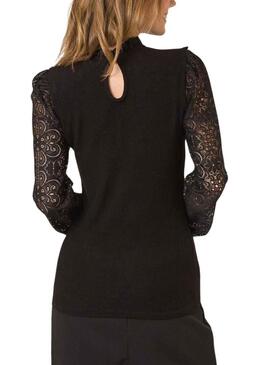 T-Shirt Naf Naf Pizzo Flores Nero per Donna