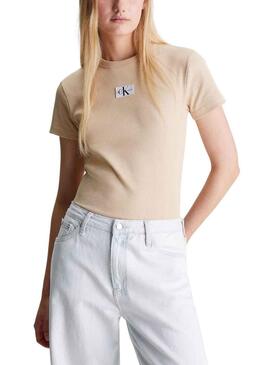 T-Shirt Calvin Klein Tessuto Label Beige per Donna