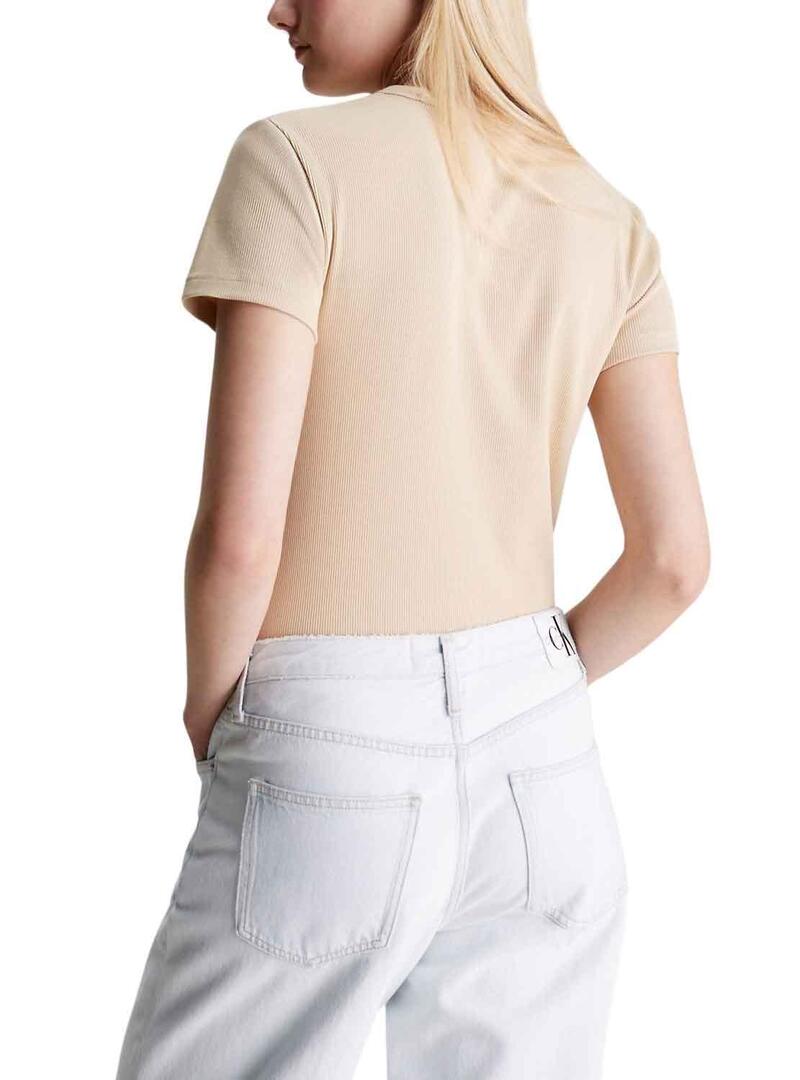 T-Shirt Calvin Klein Tessuto Label Beige per Donna