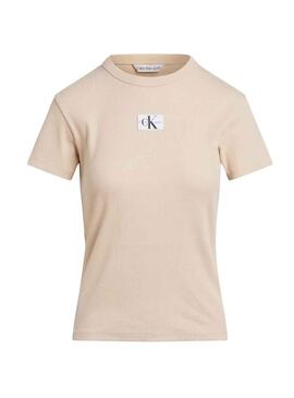 T-Shirt Calvin Klein Tessuto Label Beige per Donna