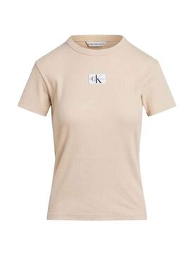 T-Shirt Calvin Klein Tessuto Label Beige per Donna